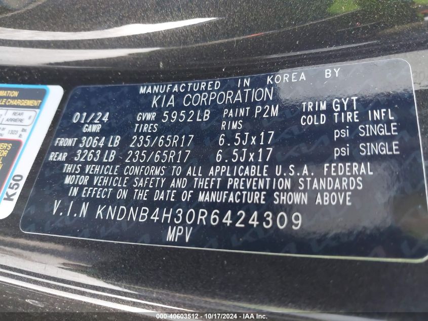2024 Kia Carnival Mpv Lx Seat Package VIN: KNDNB4H30R6424309 Lot: 40603512