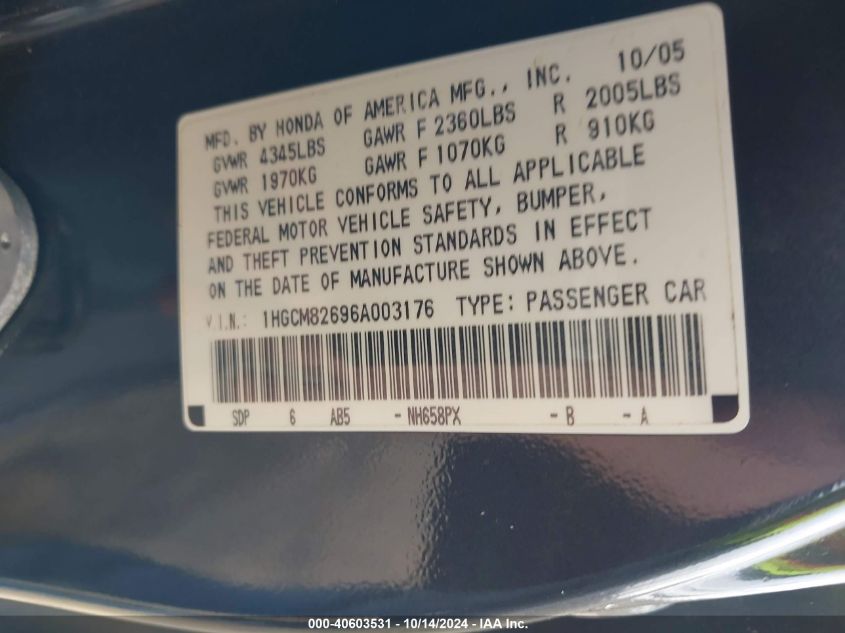 2006 Honda Accord 3.0 Ex VIN: 1HGCM82696A003176 Lot: 40603531