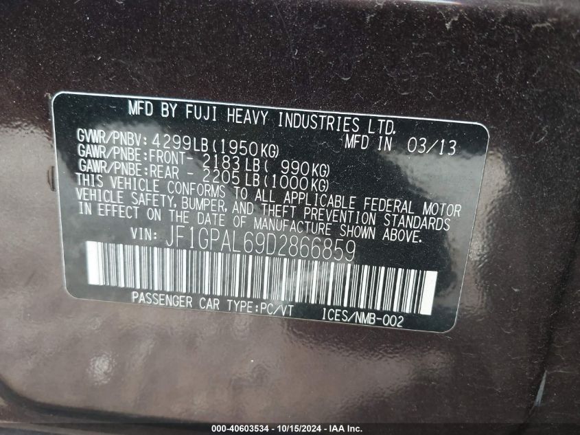 2013 SUBARU IMPREZA 2.0I SPORT PREMIUM - JF1GPAL69D2866859