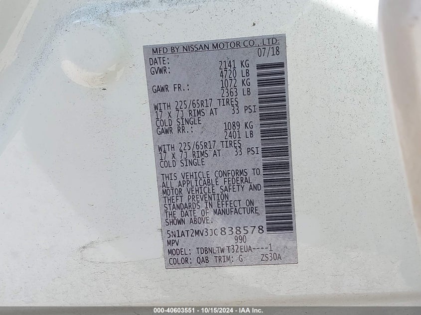 VIN 5N1AT2MV3JC838578 2018 NISSAN ROGUE SV