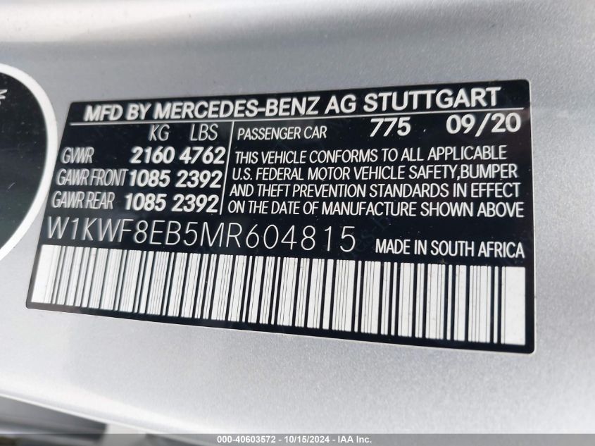 2021 Mercedes-Benz C 300 4Matic VIN: W1KWF8EB5MR604815 Lot: 40603572