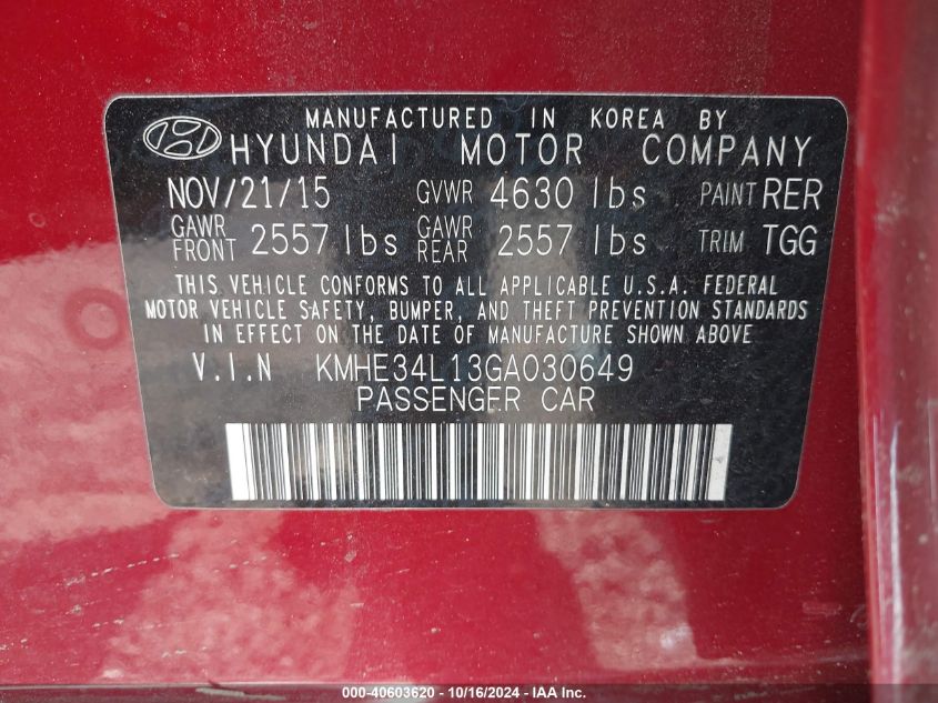 2016 Hyundai Sonata Hybrid Limited VIN: KMHE34L13GA030649 Lot: 40603620