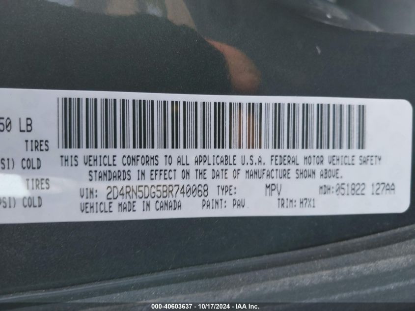 2011 Dodge Grand Caravan Crew VIN: 2D4RN5DG5BR740068 Lot: 40603637