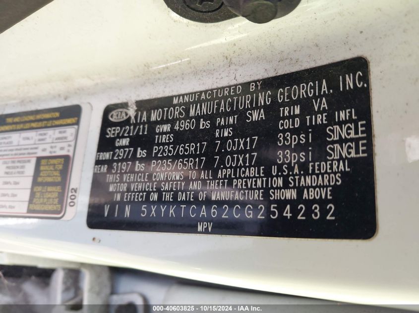 2012 Kia Sorento Lx VIN: 5XYKTCA62CG254232 Lot: 40603825