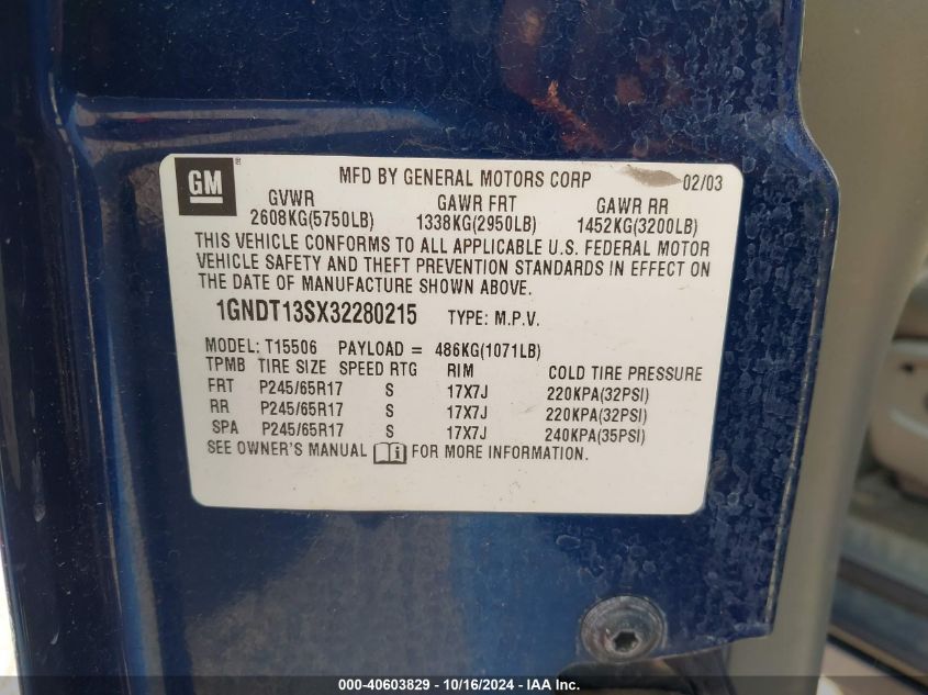 2003 Chevrolet Trailblazer Ltz VIN: 1GNDT13SX32280215 Lot: 40603829