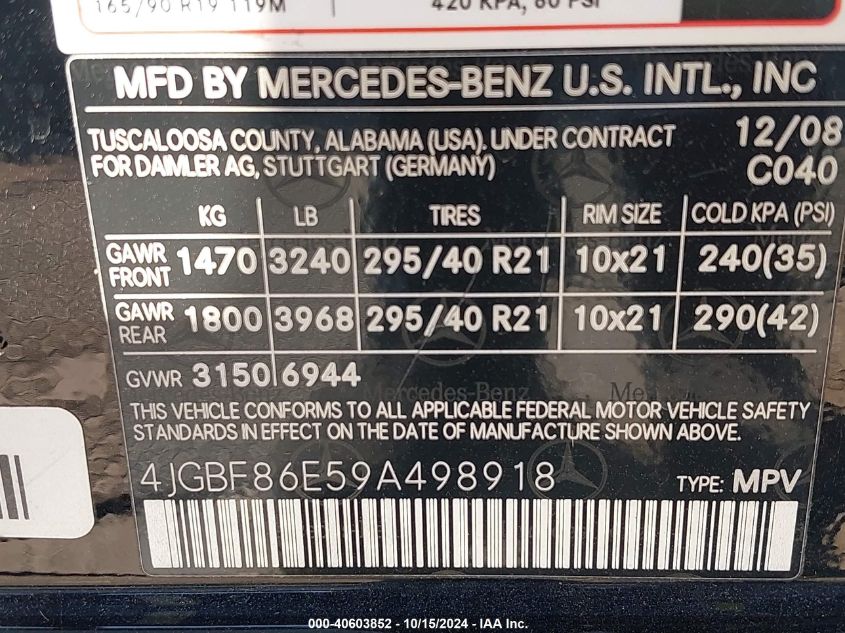 2009 Mercedes-Benz Gl 550 4Matic VIN: 4JGBF86E59A498918 Lot: 40603852