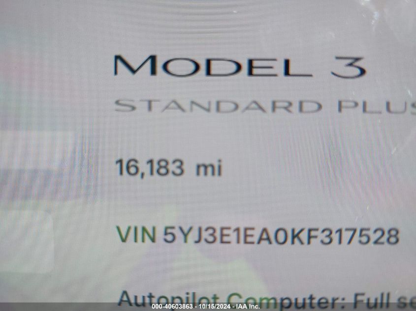 2019 Tesla Model 3 Long Range/Mid Range/Standard Range/Standard Range Plus VIN: 5YJ3E1EA0KF317528 Lot: 40603863