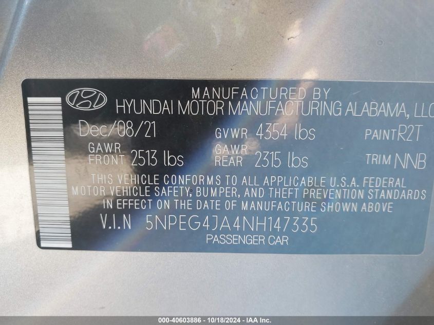 2022 Hyundai Sonata Se VIN: 5NPEG4JA4NH147335 Lot: 40603886