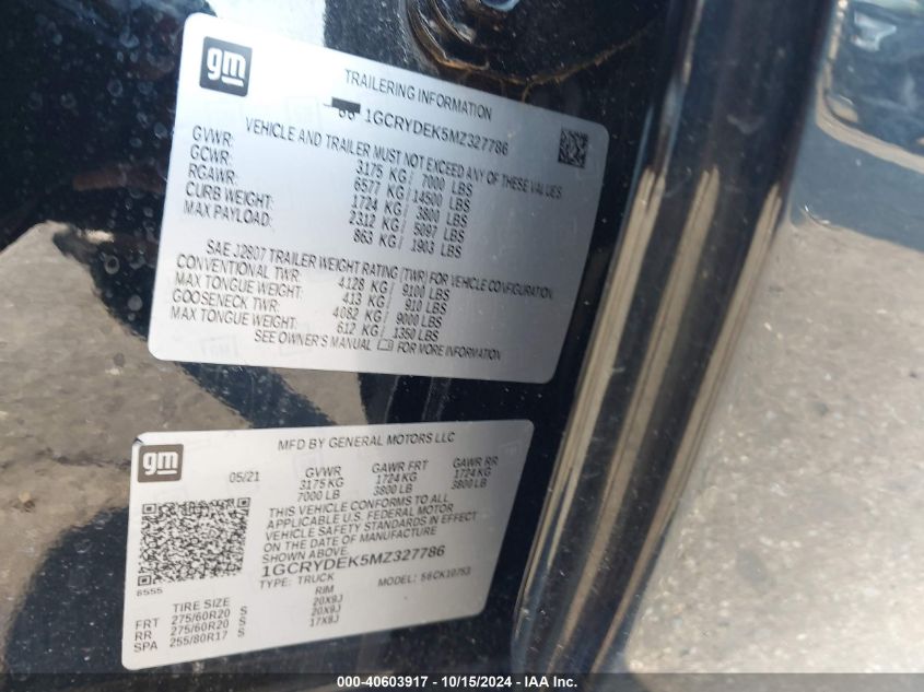 2021 Chevrolet Silverado 1500 4Wd Standard Bed Lt VIN: 1GCRYDEK5MZ327786 Lot: 40603917