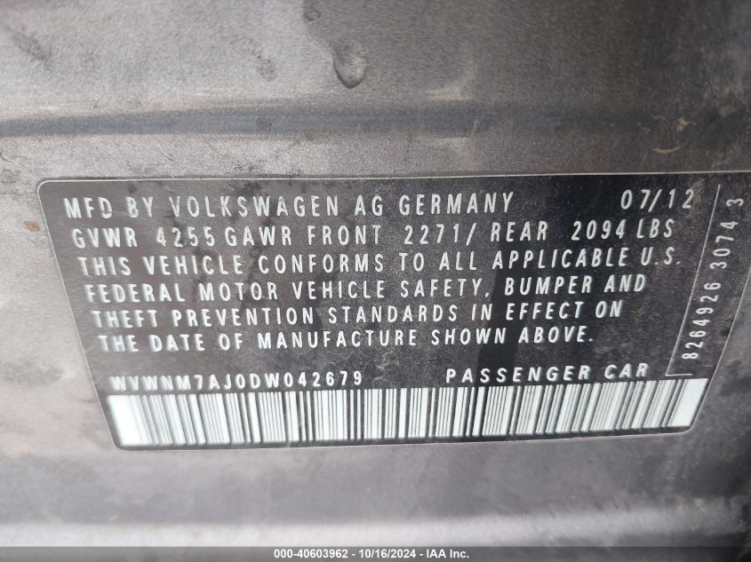 2013 Volkswagen Golf 2.0L Tdi 4-Door VIN: WVWNM7AJ0DW042679 Lot: 40603962