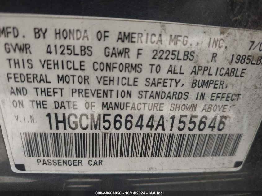 2004 Honda Accord 2.4 Ex VIN: 1HGCM56644A155646 Lot: 40604050