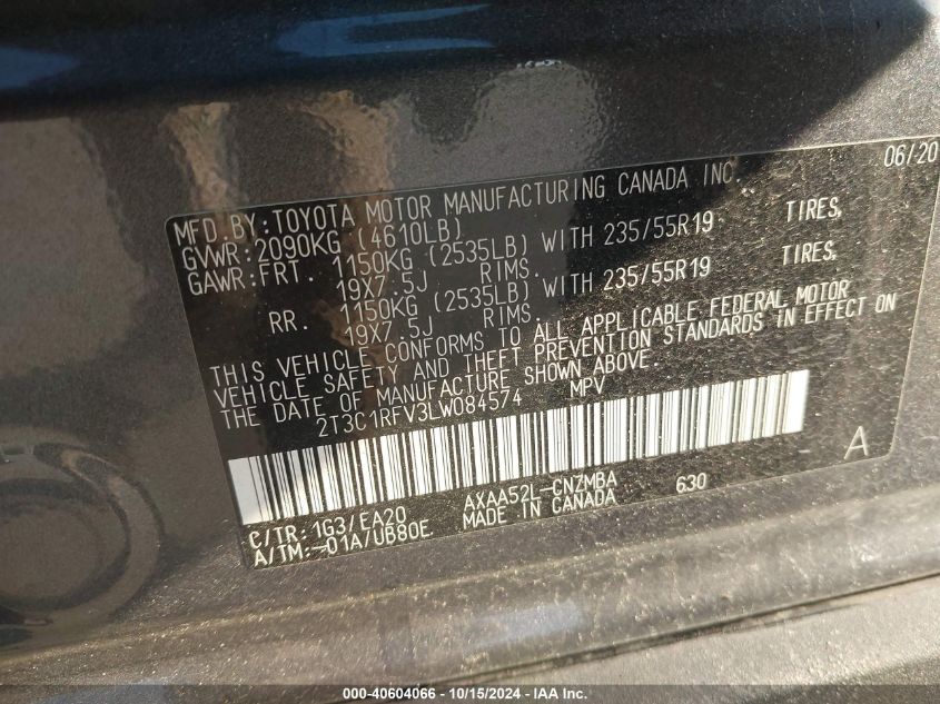 2020 TOYOTA RAV4 XLE PREMIUM VIN: 2T3C1RFV3LW084574