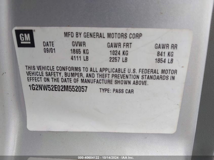 2002 Pontiac Grand Am Gt VIN: 1G2NW52E02M552057 Lot: 40604122