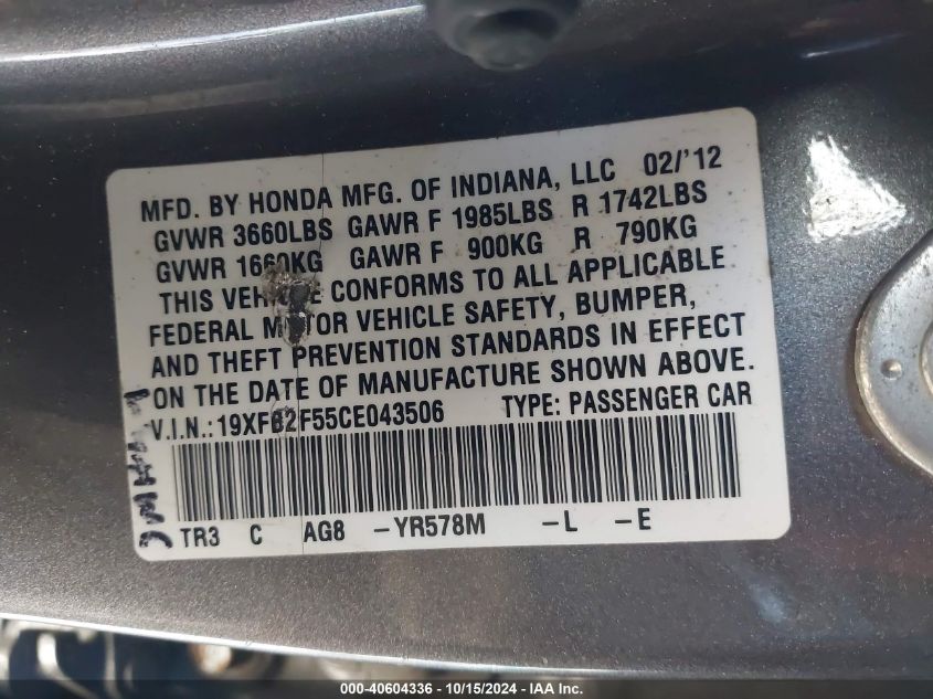 2012 Honda Civic Sdn Lx VIN: 19XFB2F55CE043506 Lot: 40604336