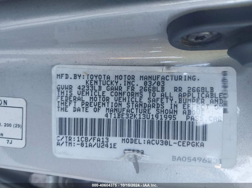 2003 Toyota Camry Xle VIN: 4T1BE32K13U191995 Lot: 40604375