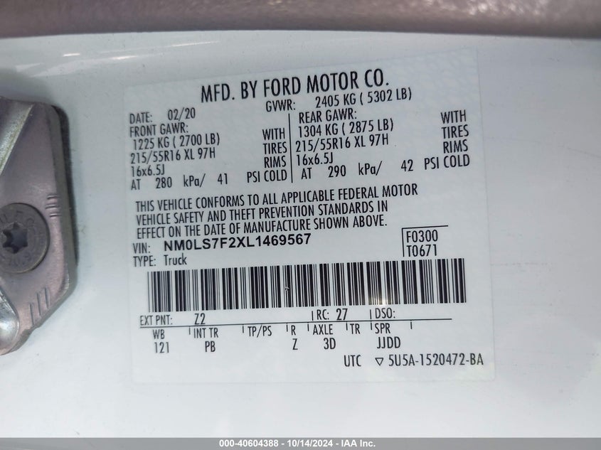 VIN NM0LS7F2XL1469567 2020 FORD TRANSIT CONNECT XLT CARGO VAN