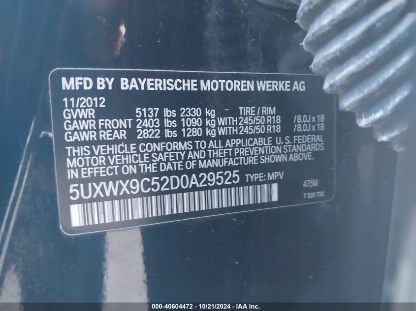 VIN 5UXWX9C52D0A29525 2013 BMW X3, Xdrive28I no.9