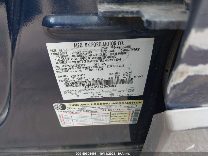 2007 Ford Freestyle Sel VIN: 1FMDK051X7GA34831 Lot: 40604495