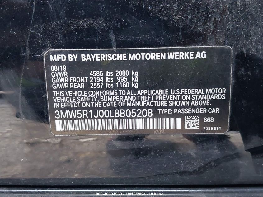 2020 BMW 330I VIN: 3MW5R1J00L8B05208 Lot: 40604560