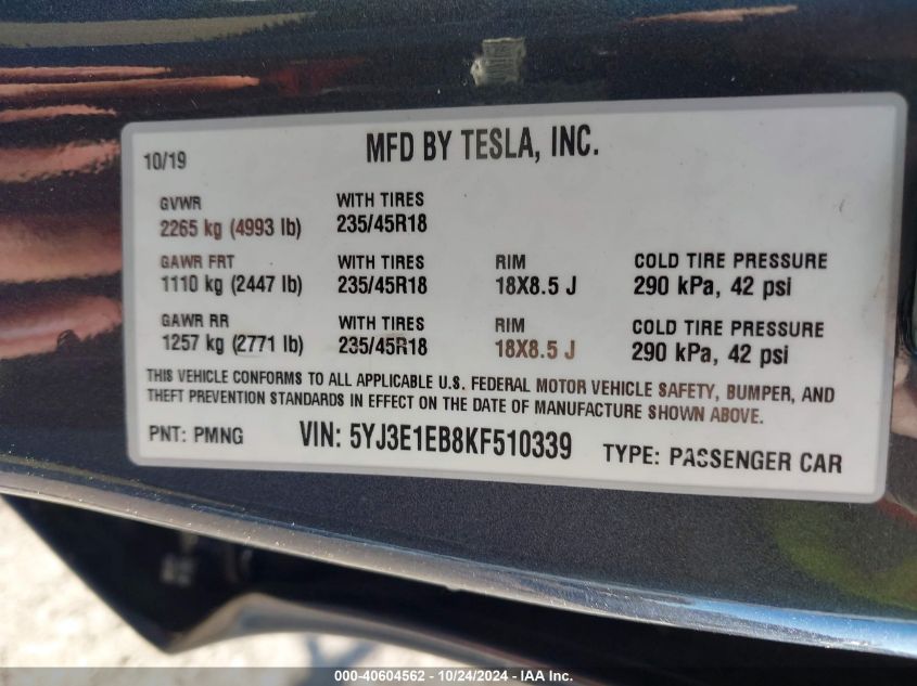 2019 Tesla Model 3 Long Range/Performance VIN: 5YJ3E1EB8KF510339 Lot: 40604562