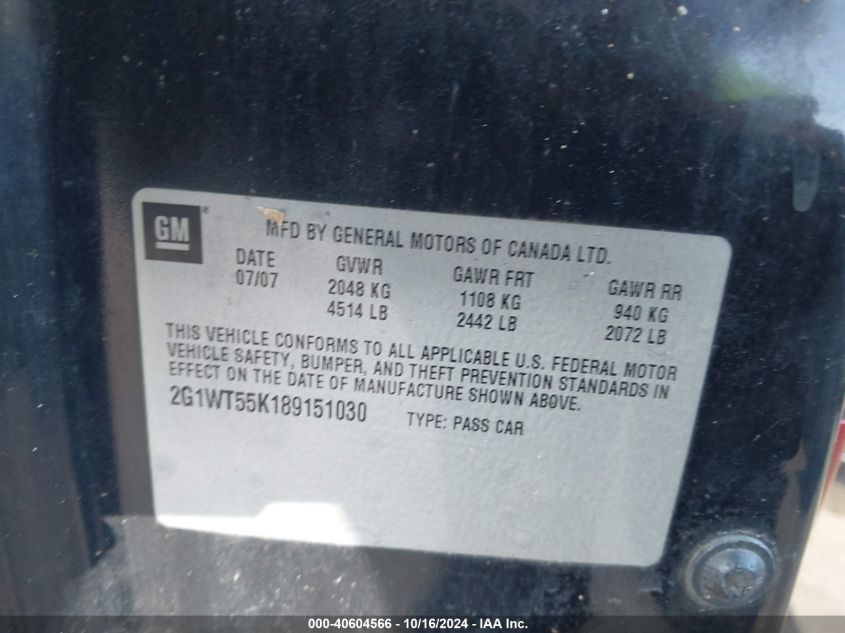 2008 Chevrolet Impala Lt VIN: 2G1WT55K189151030 Lot: 40604566
