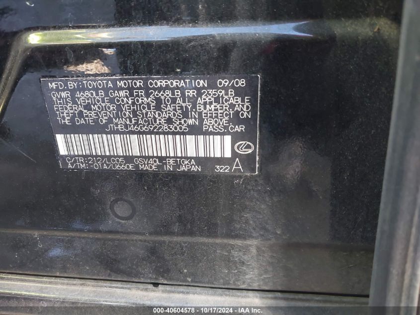 2009 Lexus Es 350 VIN: JTHBJ46G692283005 Lot: 40604578