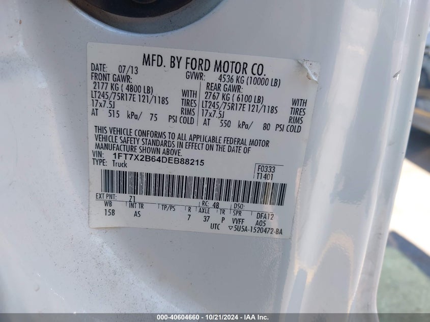 2013 Ford F250 Super Duty VIN: 1FT7X2B64DEB88215 Lot: 40604660