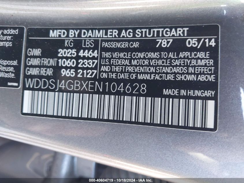 2014 Mercedes-Benz Cla 250 4Matic VIN: WDDSJ4GBXEN104628 Lot: 40604719