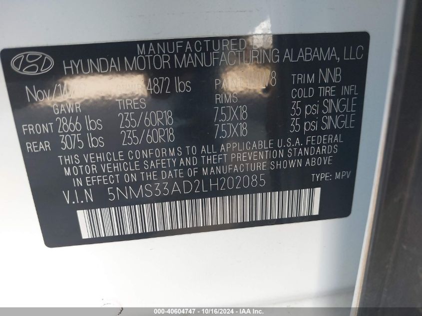 2020 Hyundai Santa Fe Sel VIN: 5NMS33AD2LH202085 Lot: 40604747