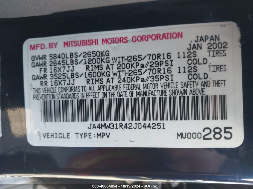 2002 Mitsubishi Montero Xls VIN: JA4MW31R42J044251 Lot: 40604854