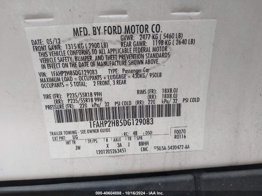 2013 Ford Taurus Sel VIN: 1FAHP2H85DG129083 Lot: 40604888