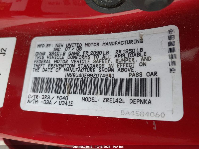 2009 Toyota Corolla Xle VIN: 1NXBU40E99Z074941 Lot: 40605019