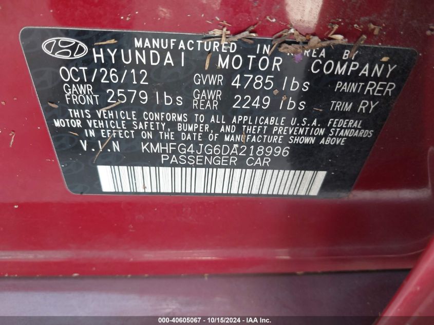 2013 Hyundai Azera VIN: KMHFG4JG6DA218996 Lot: 40605067