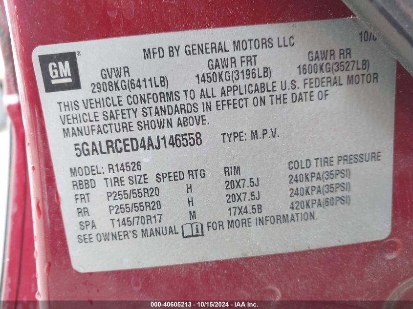 2010 Buick Enclave 2Xl VIN: 5GALRCED4AJ146558 Lot: 40605213