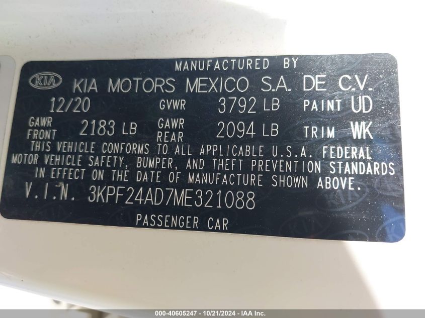 2021 Kia Forte Lxs VIN: 3KPF24AD7ME321088 Lot: 40605247