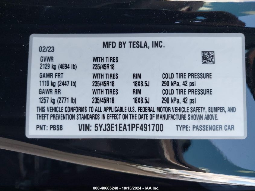 2023 Tesla Model 3 Rear-Wheel Drive VIN: 5YJ3E1EA1PF491700 Lot: 40605248