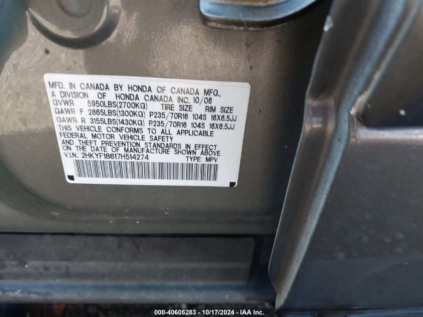 2007 Honda Pilot Ex-L VIN: 2HKYF18617H514274 Lot: 40605283