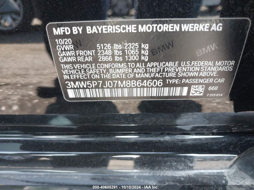 2021 BMW 3 Series 330E VIN: 3MW5P7J07M8B64606 Lot: 40605291