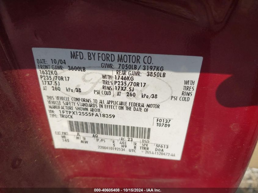 2005 Ford F-150 Lariat/Xl/Xlt VIN: 1FTPX12555FA18359 Lot: 40605408