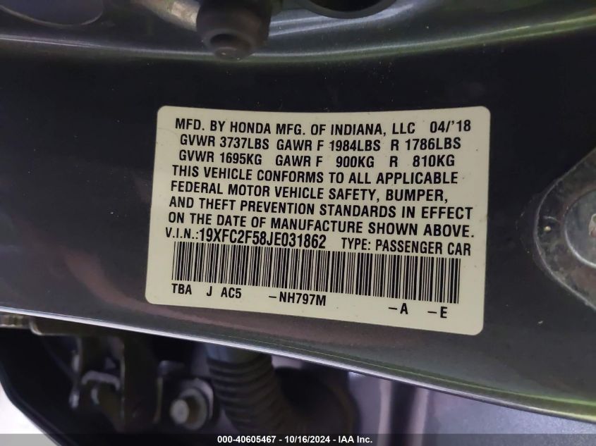 2018 Honda Civic Lx VIN: 19XFC2F58JE031862 Lot: 40605467