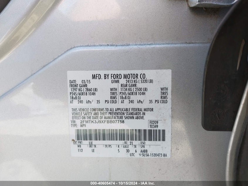 2015 Ford Edge Sel VIN: 2FMTK3J9XFBB07758 Lot: 40605474