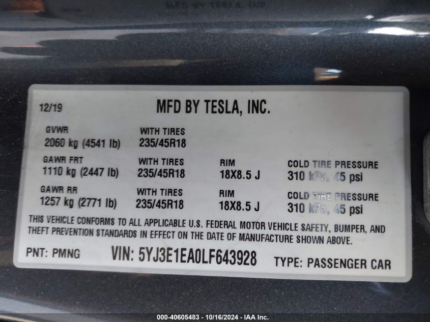 2020 Tesla Model 3 Standard Range Plus Rear-Wheel Drive/Standard Range Rear-Wheel Drive VIN: 5YJ3E1EA0LF643928 Lot: 40605483