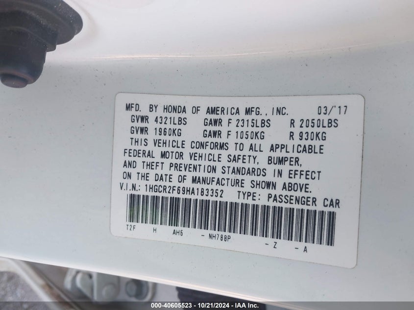 2017 HONDA ACCORD VIN: 1HGCR2F69HA183352