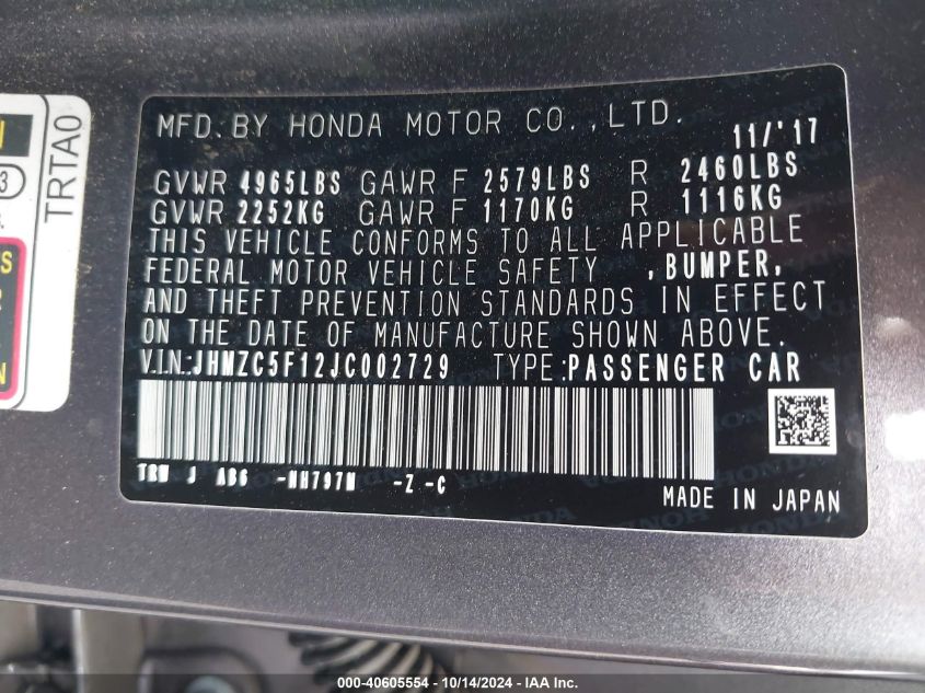 2018 Honda Clarity Plug-In Hybrid VIN: JHMZC5F12JC002729 Lot: 40605554