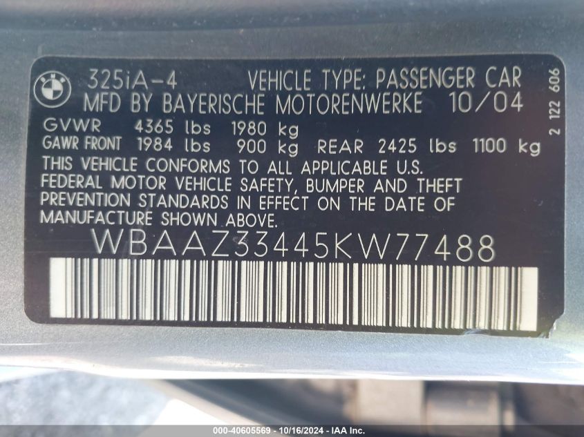 2005 BMW 325I VIN: WBAAZ33445KW77488 Lot: 40605569