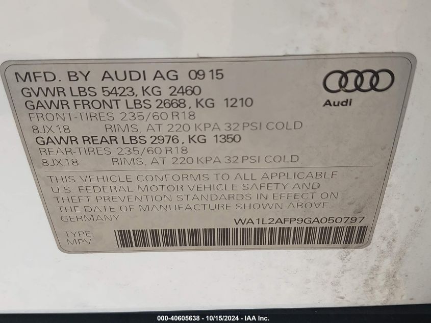 2016 Audi Q5 2.0T Premium VIN: WA1L2AFP9GA050797 Lot: 40605638