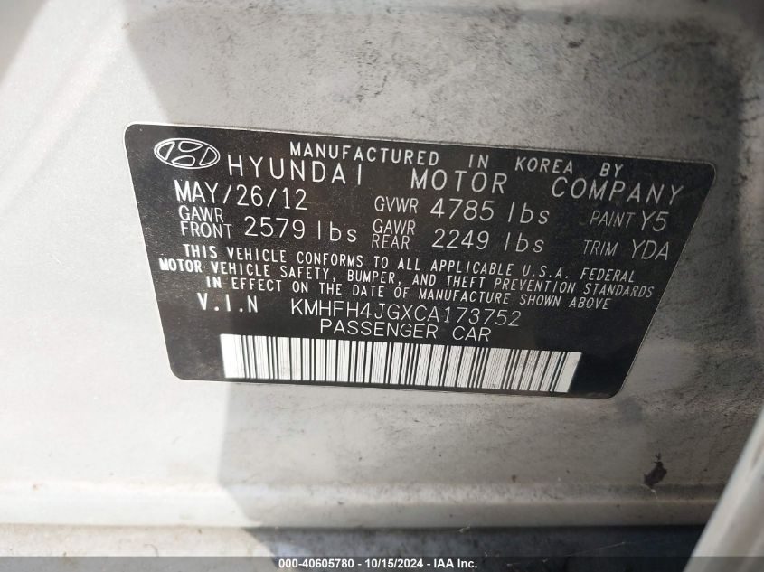 2012 Hyundai Azera VIN: KMHFH4JGXCA173752 Lot: 40605780