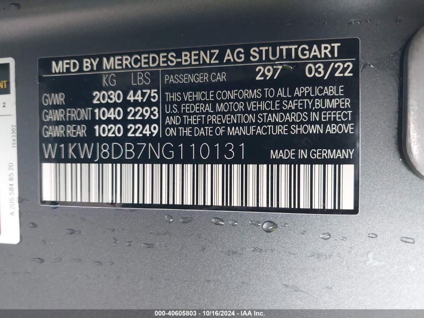 2022 Mercedes-Benz C 300 Coupe VIN: W1KWJ8DB7NG110131 Lot: 40605803