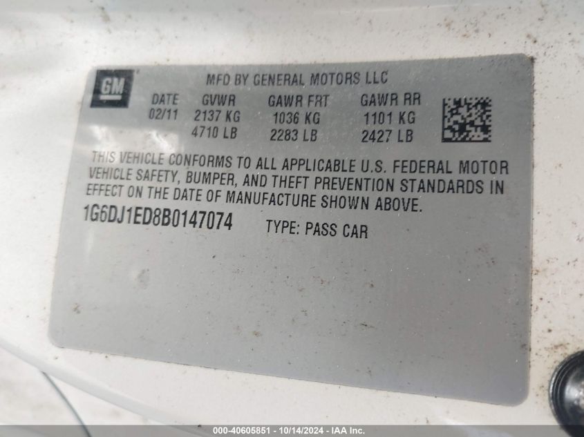 2011 Cadillac Cts Performance VIN: 1G6DJ1ED8B0147074 Lot: 40605851