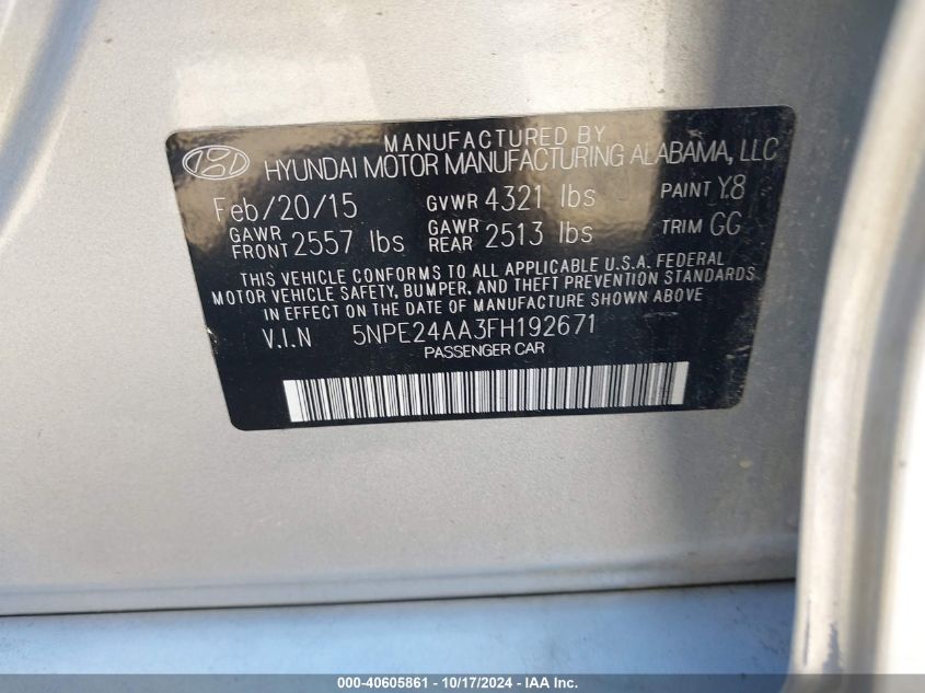 2015 Hyun Sonata Eco Eco VIN: 5NPE24AA3FH192671 Lot: 40605861